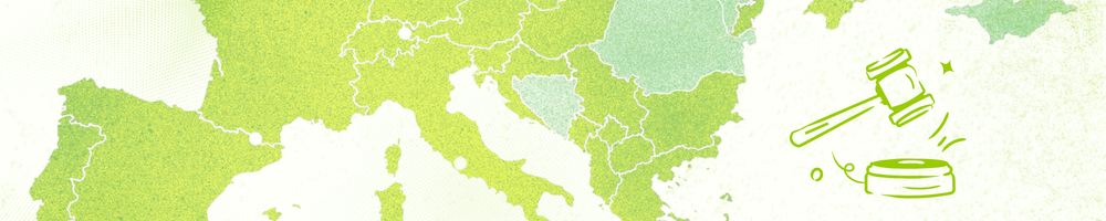 Website graphic banner showing a cropped Europe map of AIB Members, next to it a comic image of an auction hammer. 